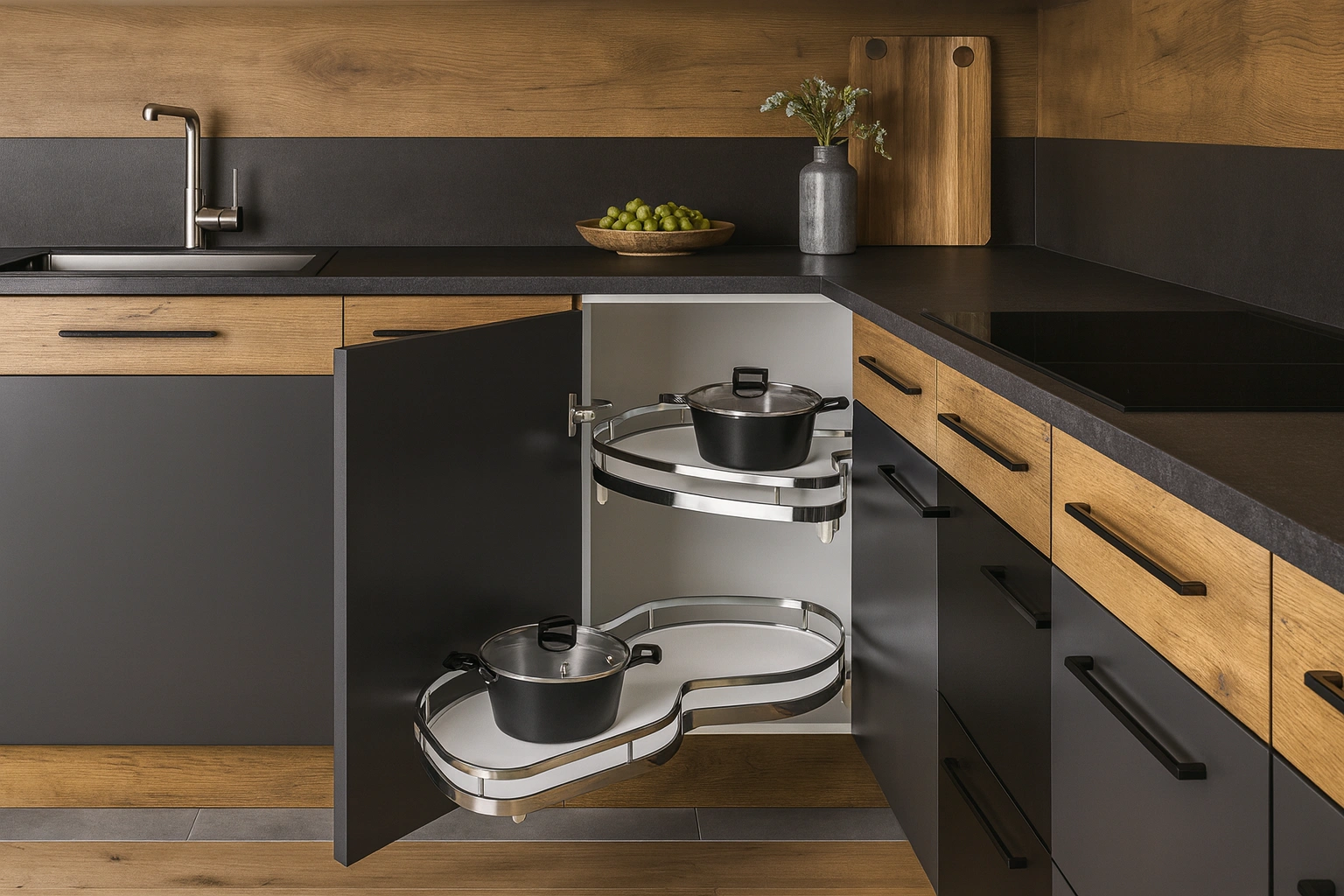 Moderná kuchyňa s rohovou skrinkou vybavenou výsuvným systémom LeMans pre pohodlný prístup k hrncom
