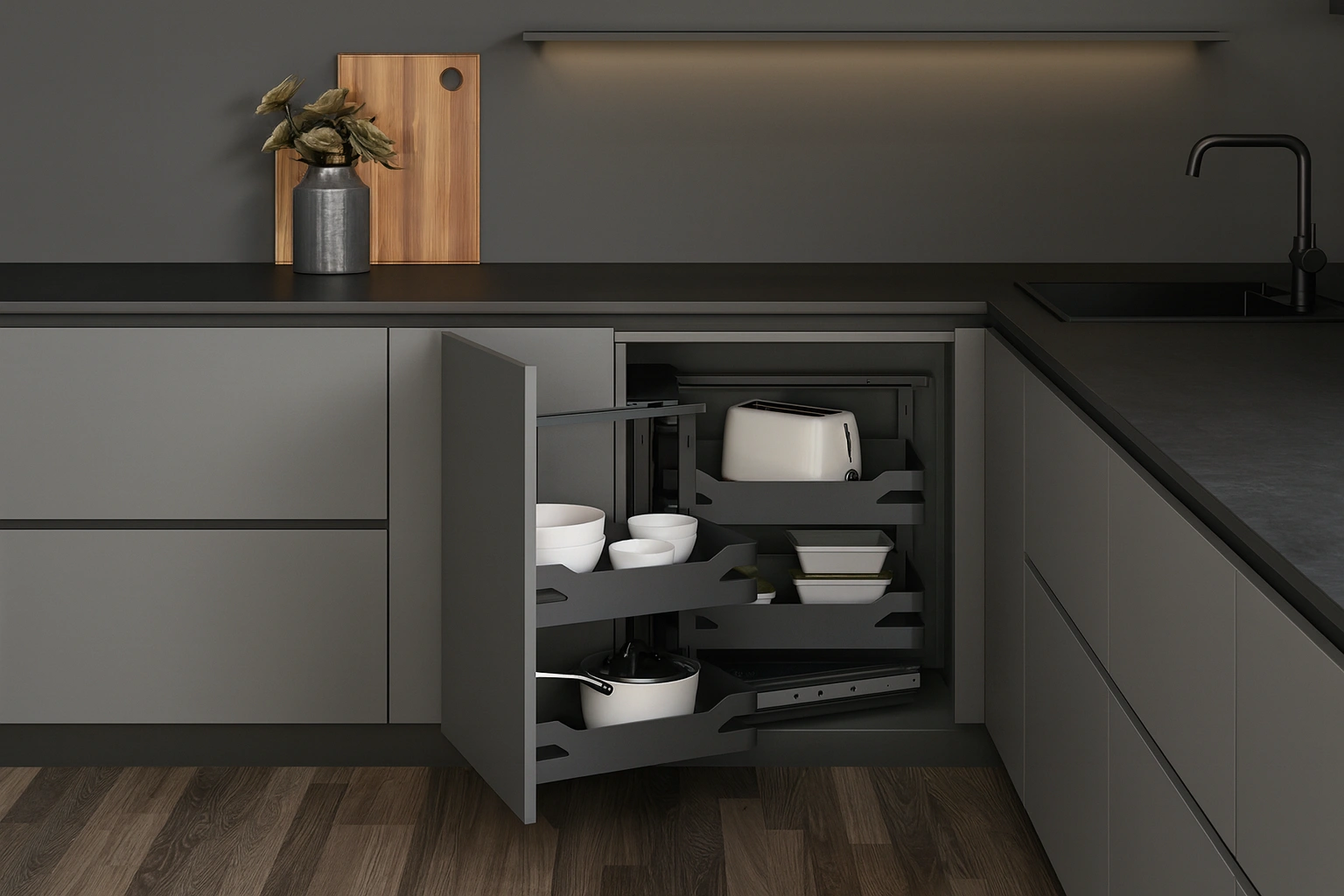 Výsuvný rohový kôš Magic Corner do kuchynskej skrinky – antracitový systém s tlmeným dovieraním.